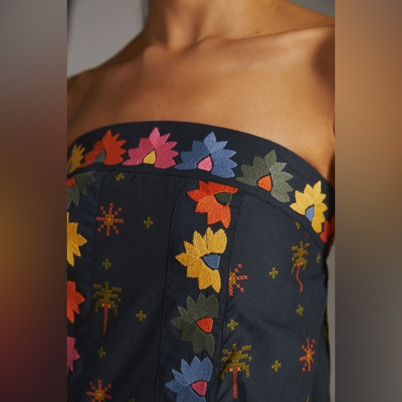 Farm Rio Anthropologie Embroidered Maxi Strapless Tie Back Dress - Picture 4 of 12